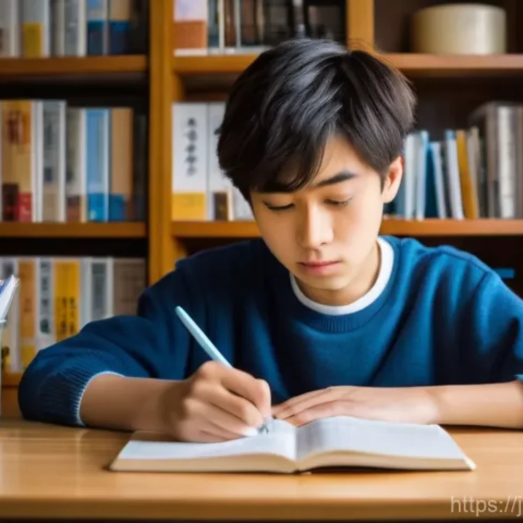 환경기사 필기 과목별 공략법 - **Prompt:** A focused young Japanese student (gender neutral, wearing casual but neat clothes) sits ...