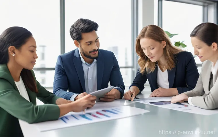 환경보건 분야 유망 직업군 - **Corporate Sustainability Strategy Meeting**
    A high-angle shot capturing a diverse team of five...