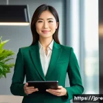 환경 관련 자격증 수요 분석 - A confident Japanese businesswoman in her early 30s, dressed in a sophisticated dark green pantsuit ...