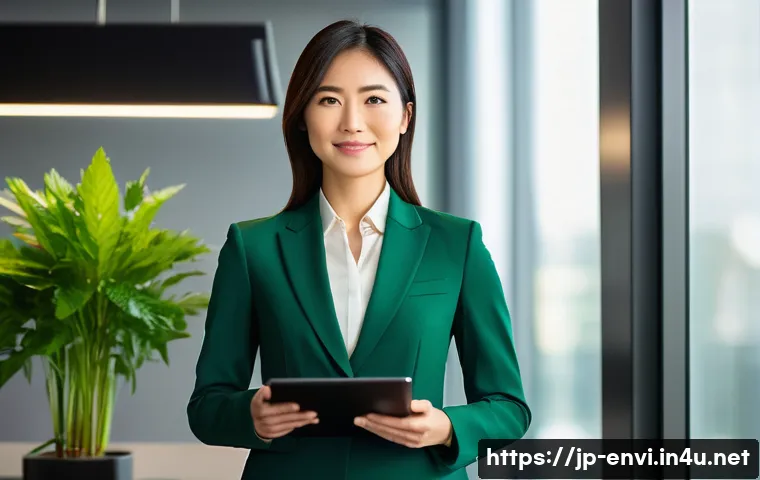 환경 관련 자격증 수요 분석 - A confident Japanese businesswoman in her early 30s, dressed in a sophisticated dark green pantsuit ...