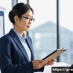 환경보건 자격증 연봉 상승 - A professional Japanese office environment showing a confident mid-career environmental health speci...