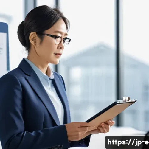 환경보건 자격증 연봉 상승 - A professional Japanese office environment showing a confident mid-career environmental health speci...