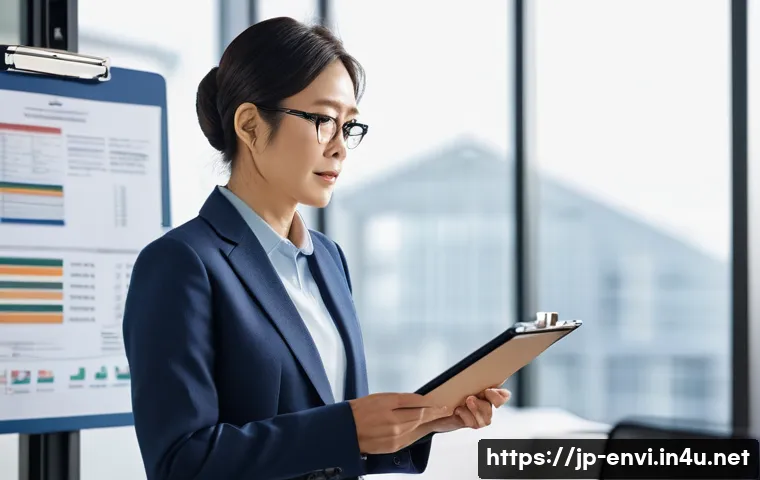 환경보건 자격증 연봉 상승 - A professional Japanese office environment showing a confident mid-career environmental health speci...