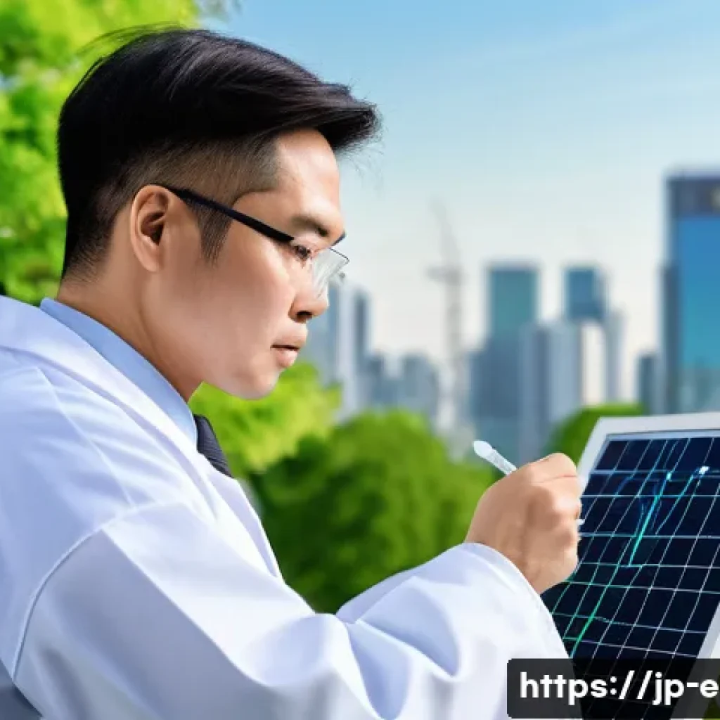 환경직 전공자 추천 자격증 - A professional Japanese environmental technician wearing a clean white lab coat and safety glasses, ...