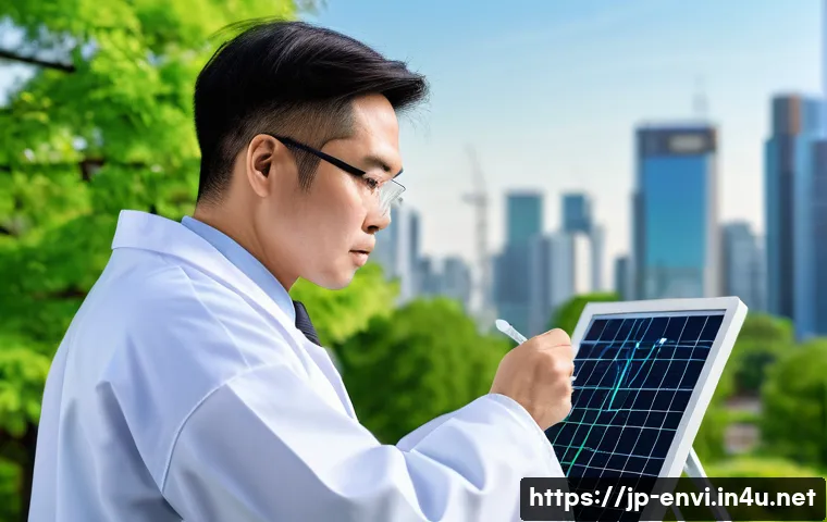 환경직 전공자 추천 자격증 - A professional Japanese environmental technician wearing a clean white lab coat and safety glasses, ...