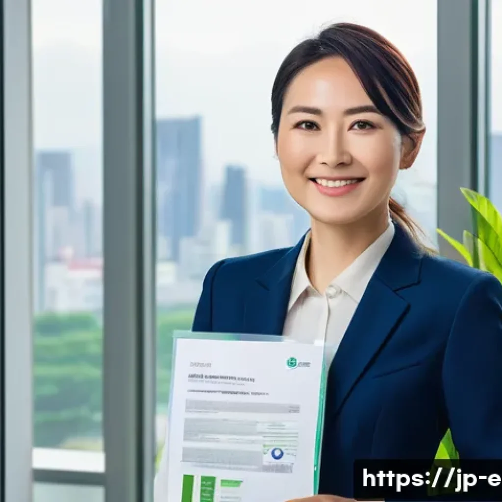 환경 관련 자격증 종류 - A professional Japanese woman in modern business attire holding an ISO14001 environmental management...