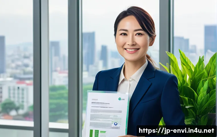 환경 관련 자격증 종류 - A professional Japanese woman in modern business attire holding an ISO14001 environmental management...