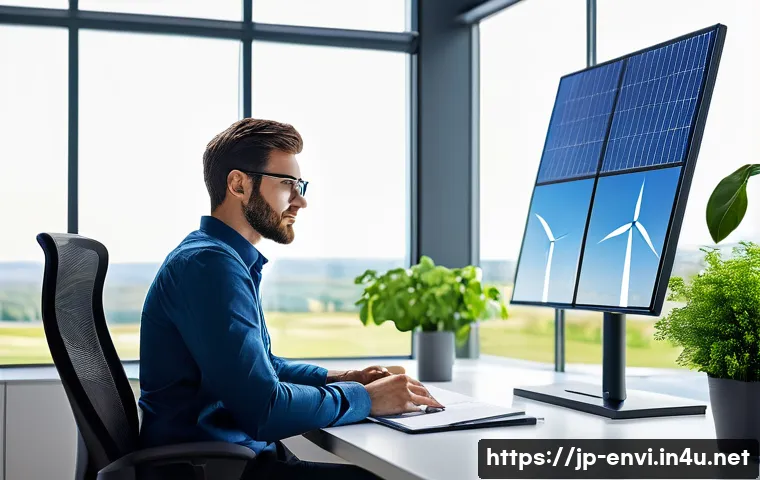 환경 분야 연봉 트렌드 - A modern renewable energy engineer in a bright, clean office environment, wearing professional busin...
