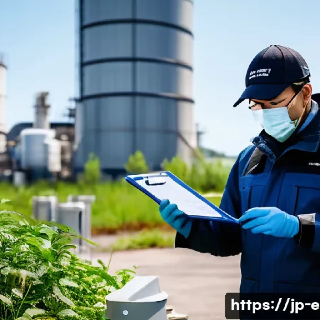 환경보건기사 실무 경험 공유 - A detailed outdoor environmental health field survey scene near a factory during spring, showing a p...