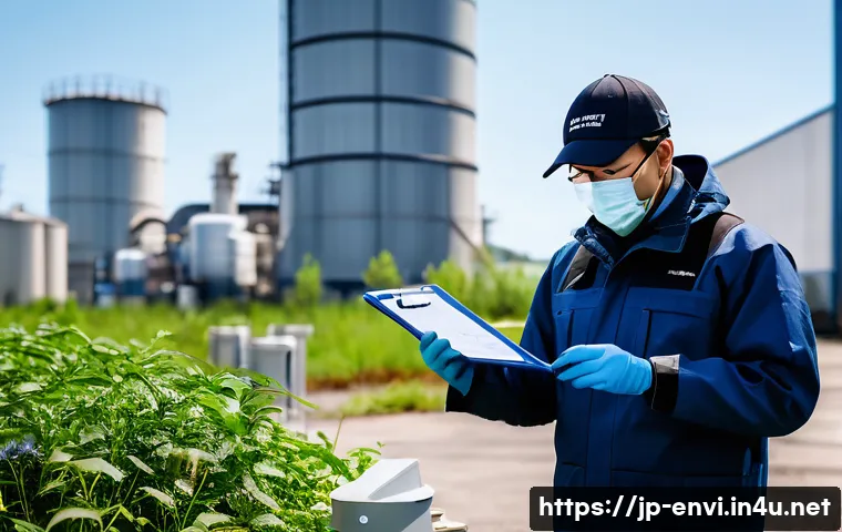 환경보건기사 실무 경험 공유 - A detailed outdoor environmental health field survey scene near a factory during spring, showing a p...