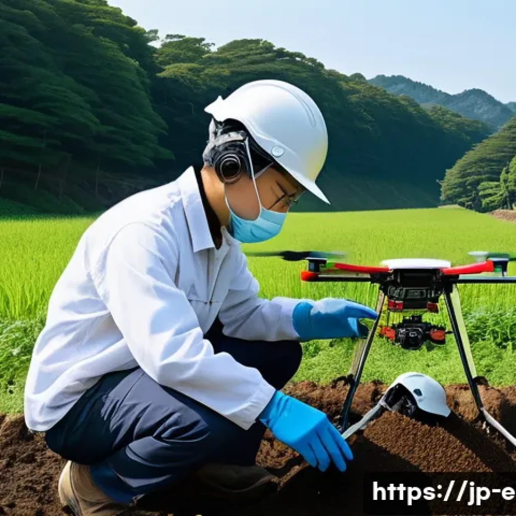 환경 기술사의 업무 사례 - A Japanese environmental engineer wearing professional field attire including a safety helmet, glove...