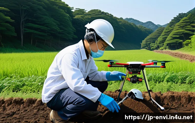 환경 기술사의 업무 사례 - A Japanese environmental engineer wearing professional field attire including a safety helmet, glove...