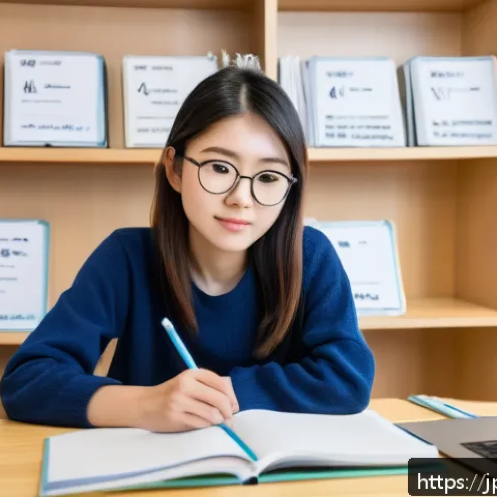 환경보건 자격증 기출문제 - A focused Japanese student in a modern study room, surrounded by neatly organized notebooks labeled ...