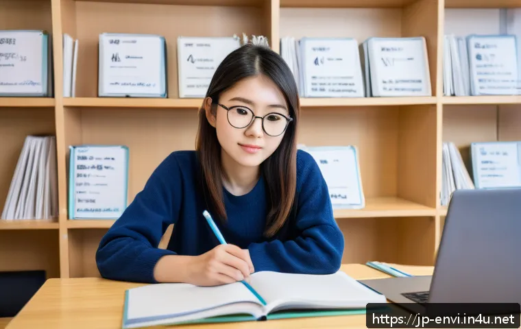 환경보건 자격증 기출문제 - A focused Japanese student in a modern study room, surrounded by neatly organized notebooks labeled ...