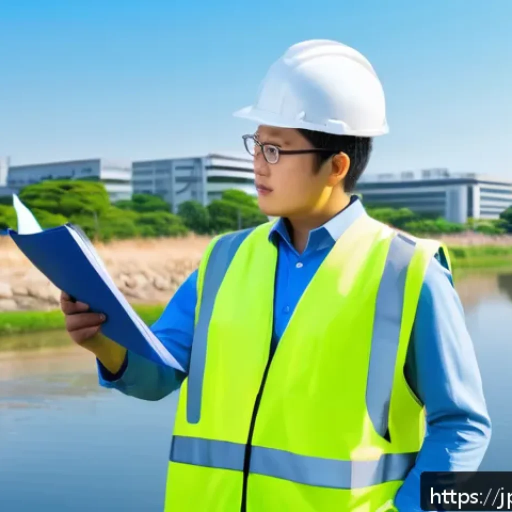 환경기술사와 환경기사 차이 - A professional Japanese environmental engineer in business casual attire, confidently leading an out...