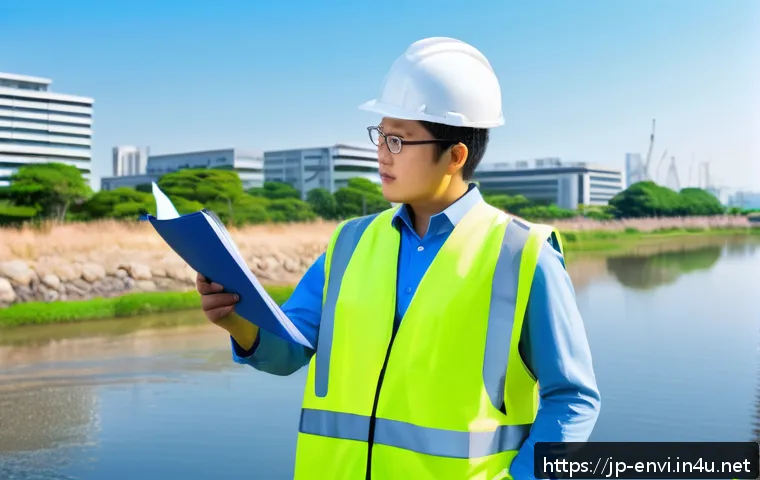 환경기술사와 환경기사 차이 - A professional Japanese environmental engineer in business casual attire, confidently leading an out...