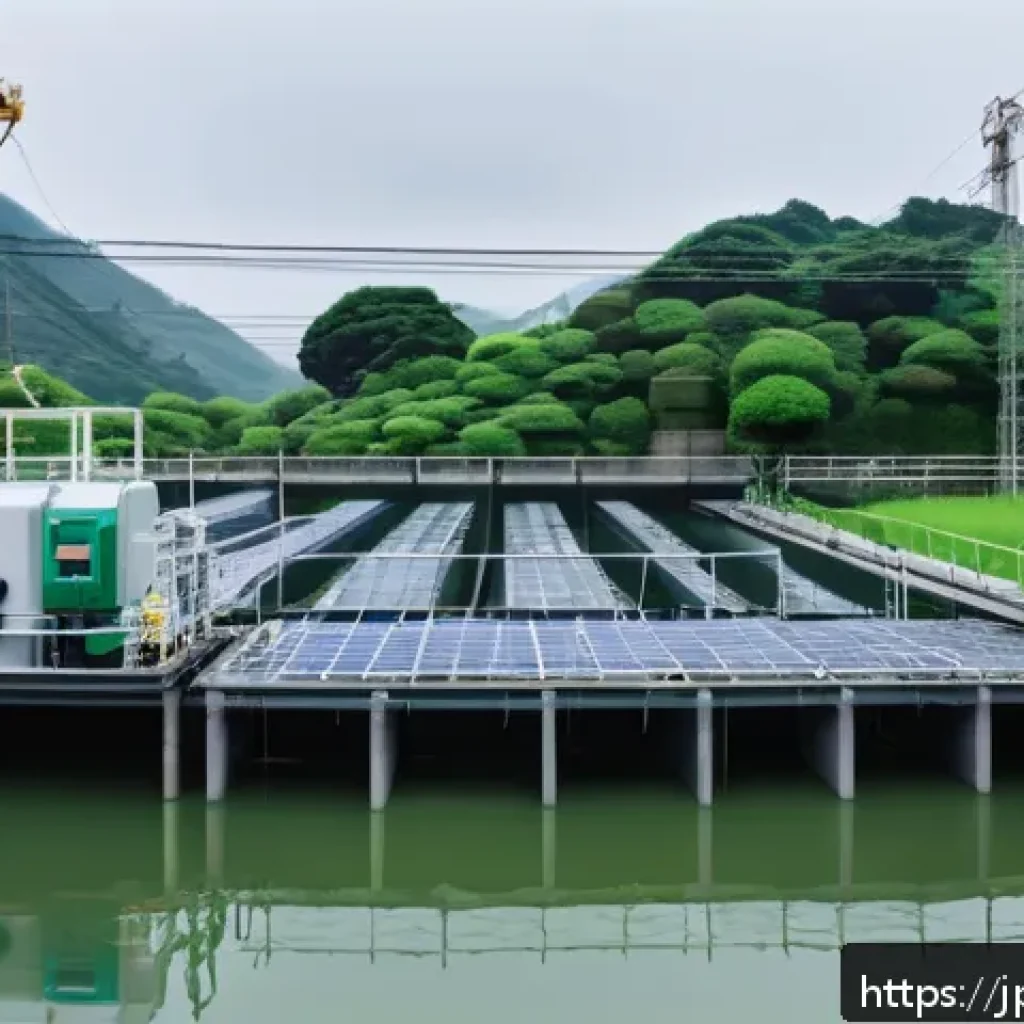 환경산업기사 실무 활용 사례 - A modern wastewater treatment facility in Japan during a rainy day, featuring detailed sensor equipm...
