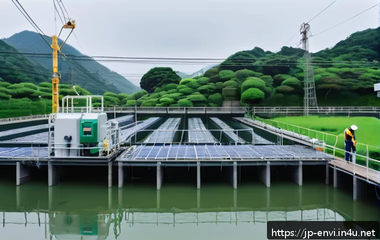 환경산업기사 실무 활용 사례 - A modern wastewater treatment facility in Japan during a rainy day, featuring detailed sensor equipm...