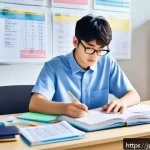환경보건기사 학습법 공유 - A modern Japanese study room scene focused on environmental health technician exam preparation: a yo...