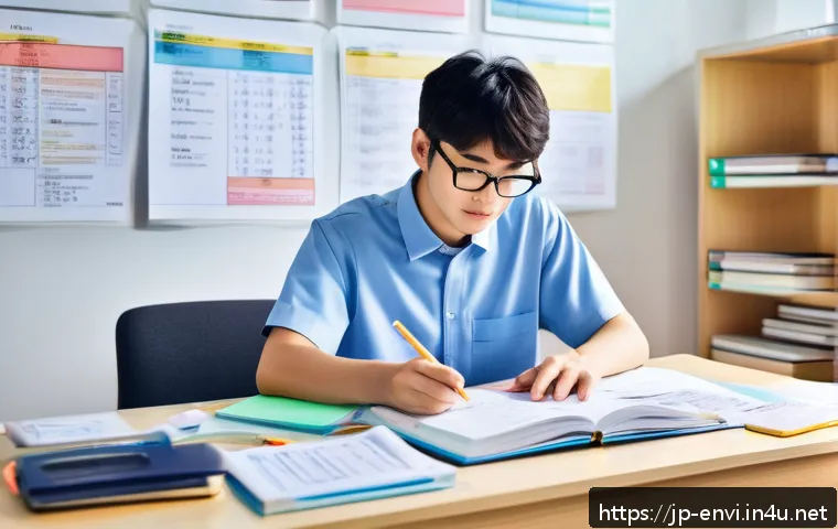 환경보건기사 학습법 공유 - A modern Japanese study room scene focused on environmental health technician exam preparation: a yo...