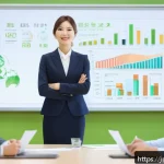 환경분야 자격증 취득 이유 - A modern Japanese office scene showing a professional woman in business attire confidently leading a...