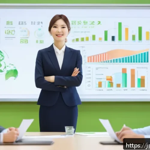 환경분야 자격증 취득 이유 - A modern Japanese office scene showing a professional woman in business attire confidently leading a...