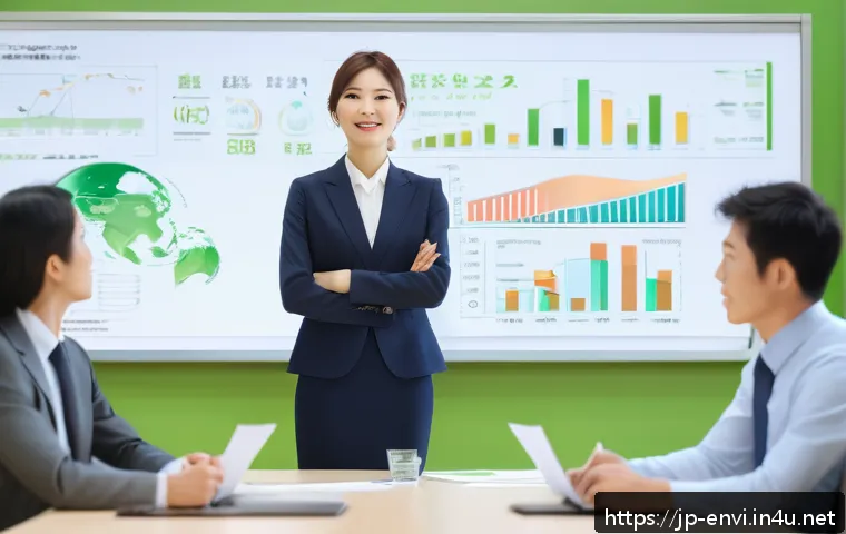 환경분야 자격증 취득 이유 - A modern Japanese office scene showing a professional woman in business attire confidently leading a...