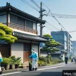 환경분야 전문지식 쌓는 법 - A detailed illustration of a Japanese urban and rural landscape side by side, showcasing distinct en...