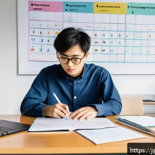 환경 관련 자격증 시험준비 - A focused Japanese student studying environmental law and policy at a modern desk, surrounded by col...