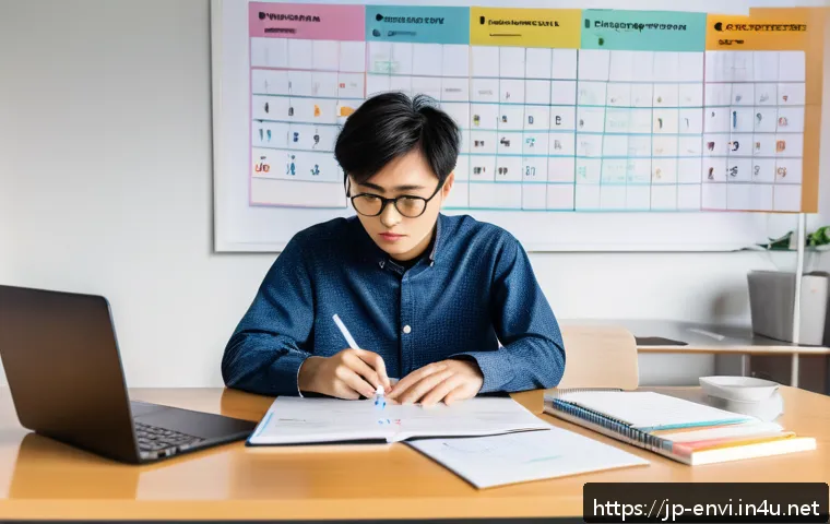 환경 관련 자격증 시험준비 - A focused Japanese student studying environmental law and policy at a modern desk, surrounded by col...