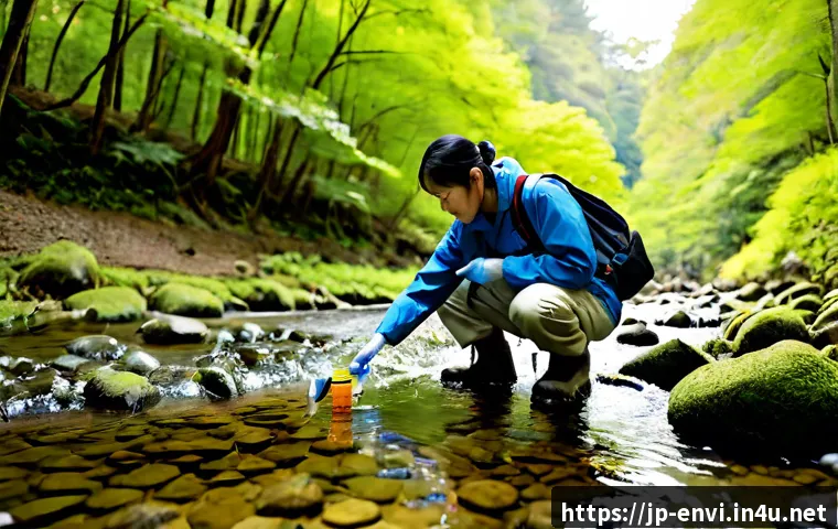 환경 직업군별 업무 사례 - Photorealistic environmental field scientist in a clean forest stream, wearing practical outdoor clo...